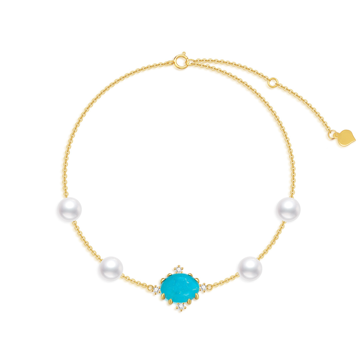 14K Gold Diamond & Pearl & Turquoise Crown Charm Bracelet-1