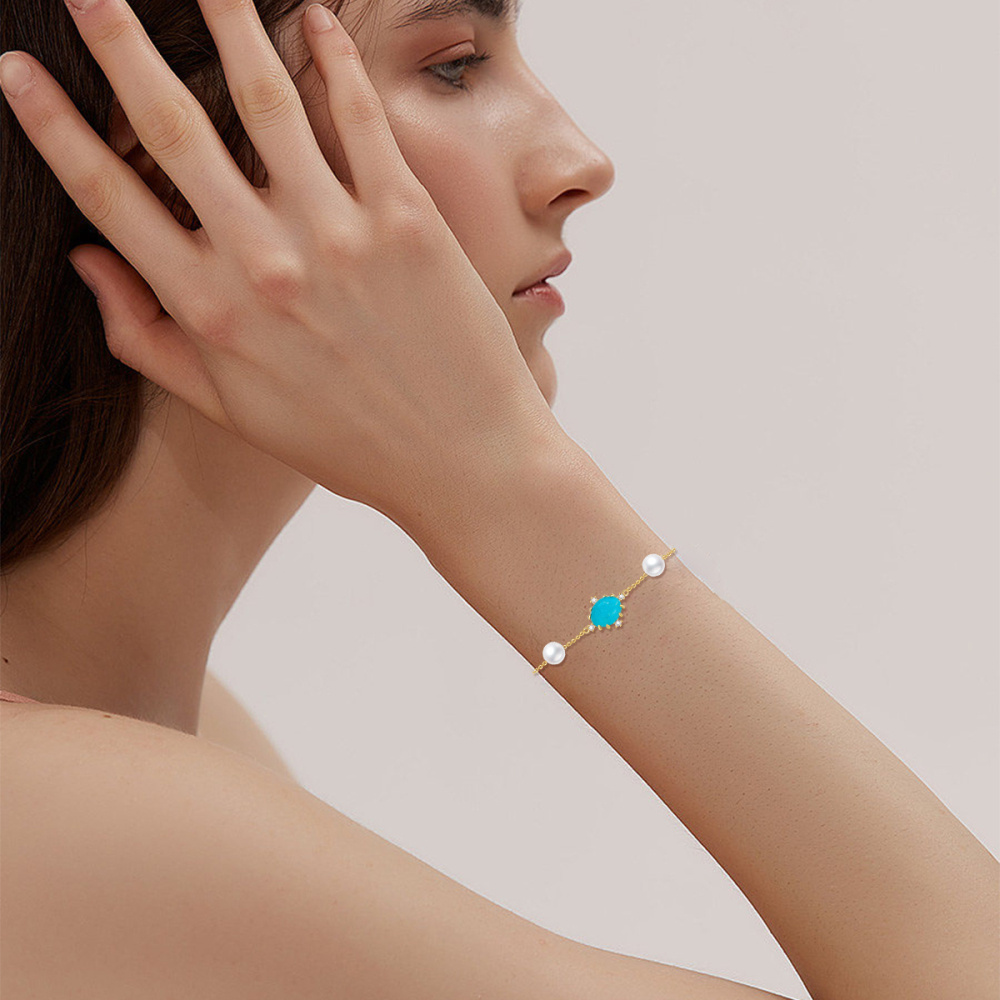 Pulseira de pingente de coroa turquesa com pérolas e diamantes em ouro 10K-2