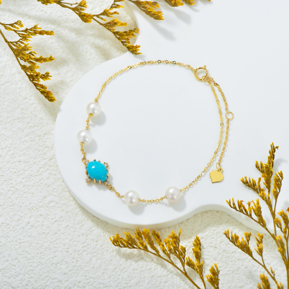 Pulseira de pingente de coroa turquesa com pérolas e diamantes em ouro 10K-3
