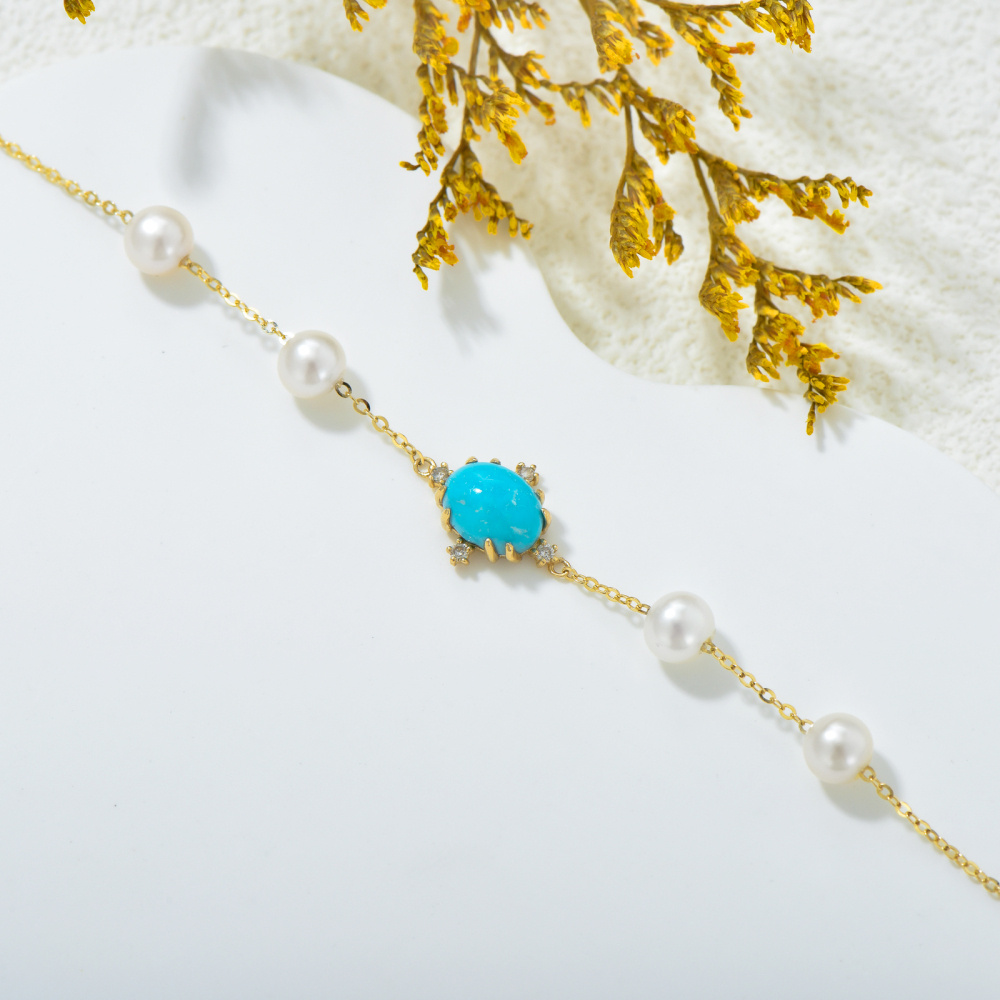 Pulseira de pingente de coroa turquesa com pérolas e diamantes em ouro 10K-4
