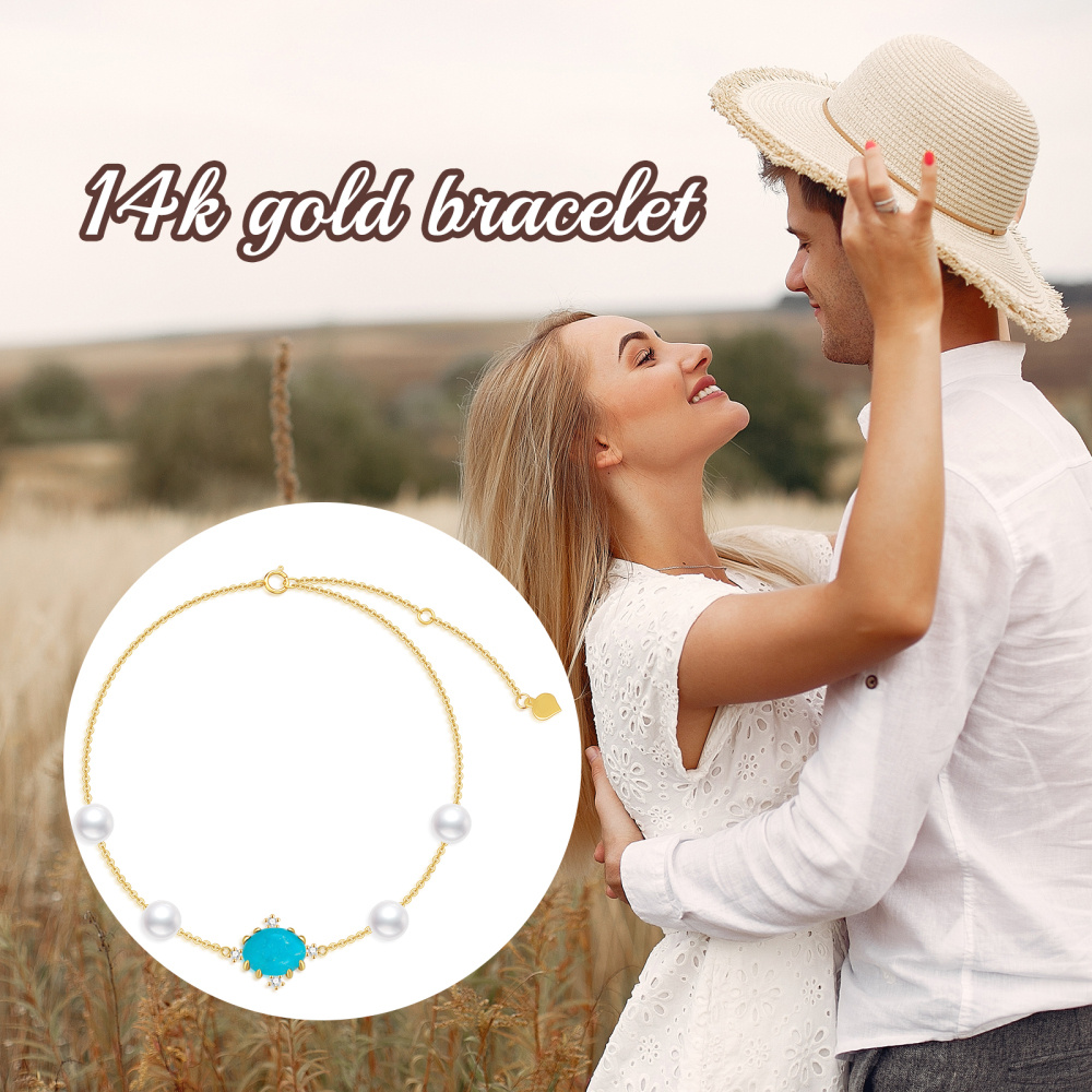 Pulseira de pingente de coroa turquesa com pérolas e diamantes em ouro 10K-6