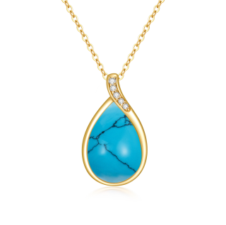 14K Gold Diamond & Turquoise Drop Shape Pendant Necklace-6