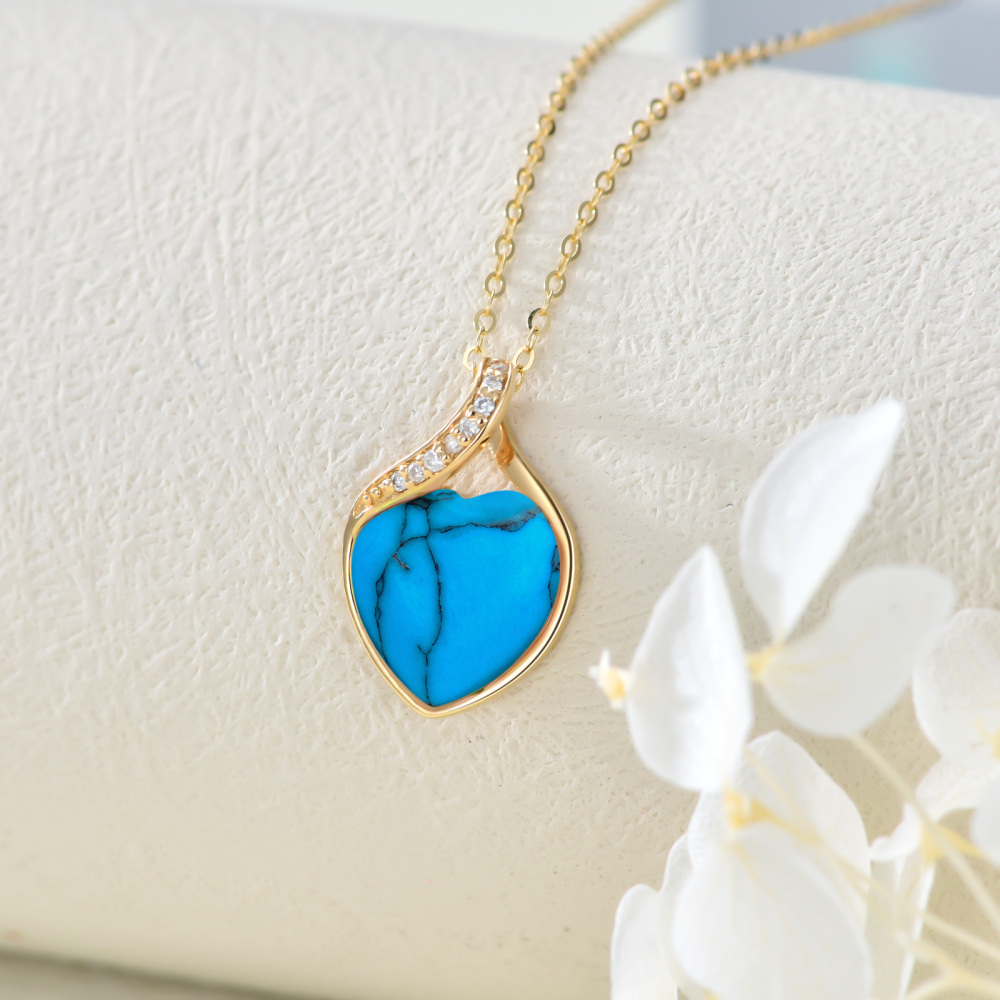 10K Gold Diamond & Turquoise Heart Pendant Necklace-3