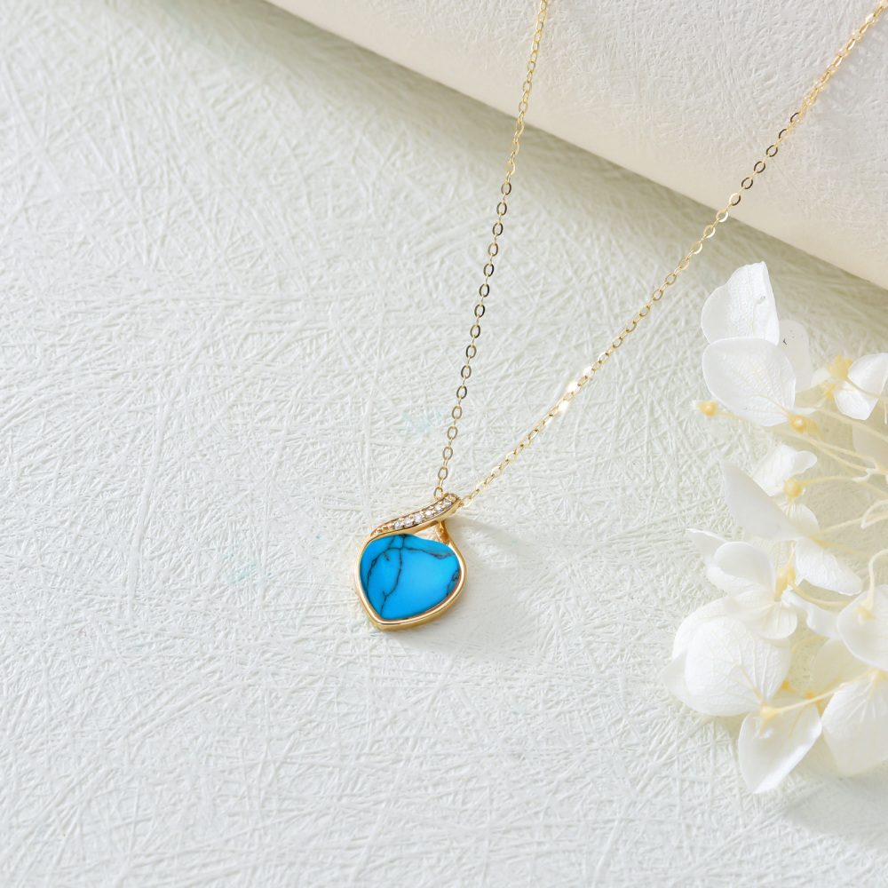 10K Gold Diamond & Turquoise Heart Pendant Necklace-4