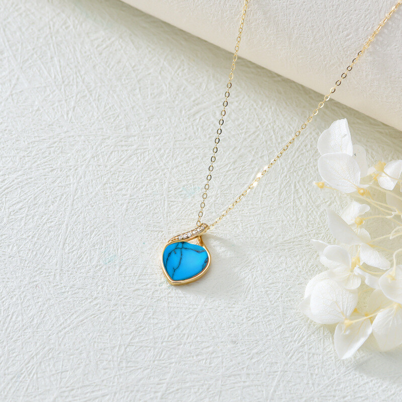 Colar com pendente coração em ouro branco 10K com diamante e turquesa-4