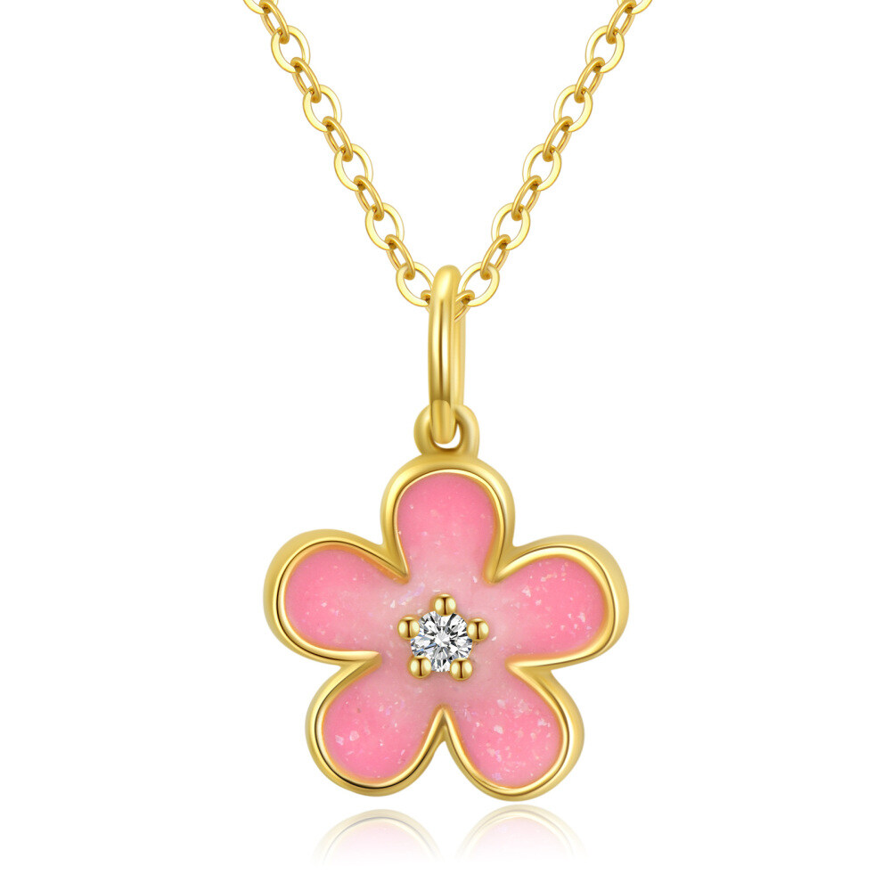 10K Gold Diamonds Pink Cherry Flower Pendant Necklace-1