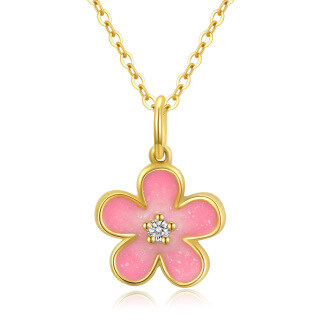 10K Gold Diamonds Pink Cherry Flower Pendant Necklace-8