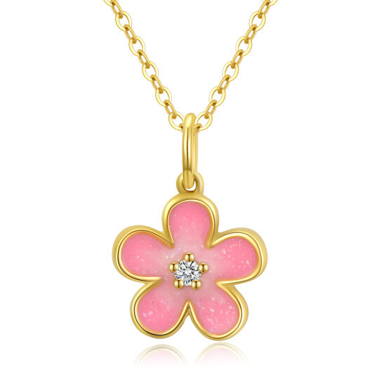 10K Gold Diamonds Pink Cherry Flower Pendant Necklace