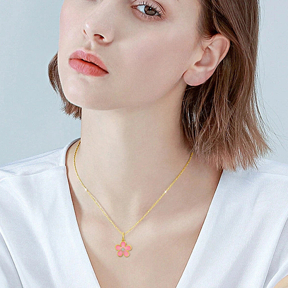 10K Gold Diamonds Pink Cherry Flower Pendant Necklace-2