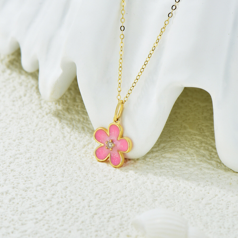 10K Gold Diamonds Pink Cherry Flower Pendant Necklace-3