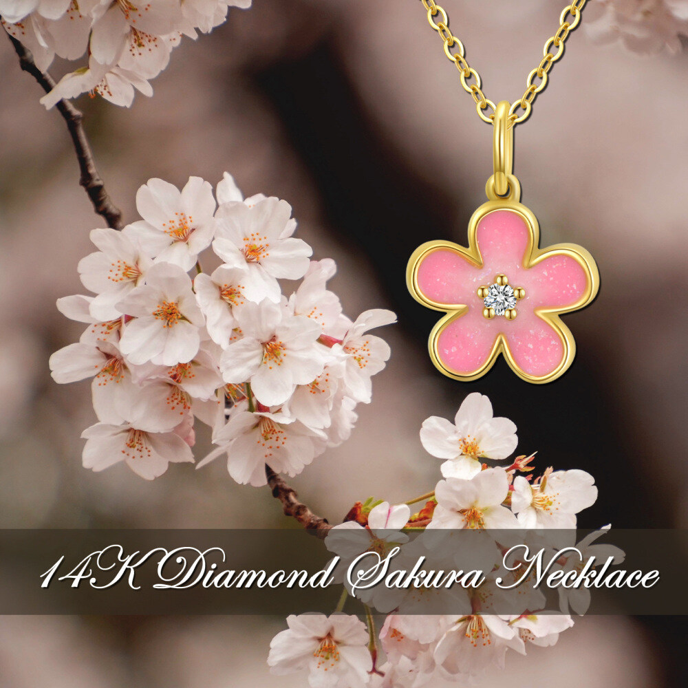 10K Gold Diamonds Pink Cherry Flower Pendant Necklace-5