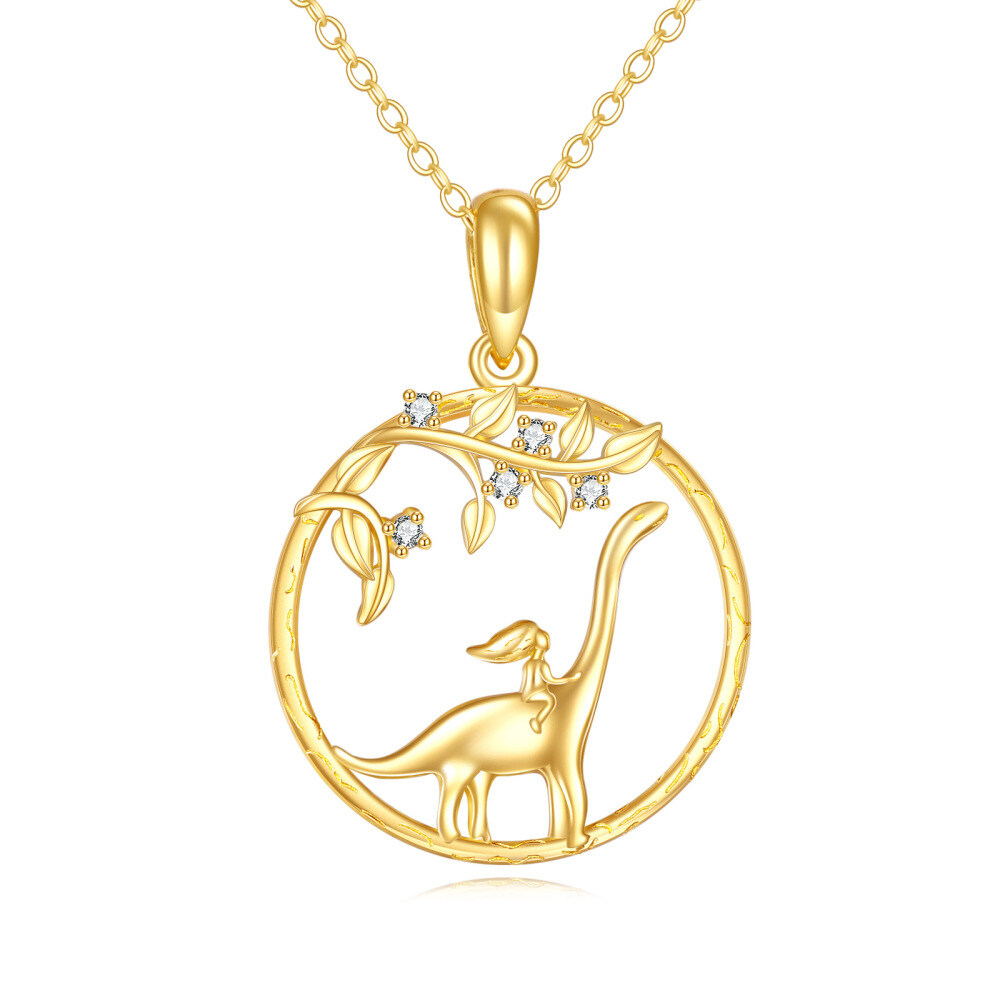 10K Gold Cubic Zirconia Dinosaur With Girl Pendant Necklace-1