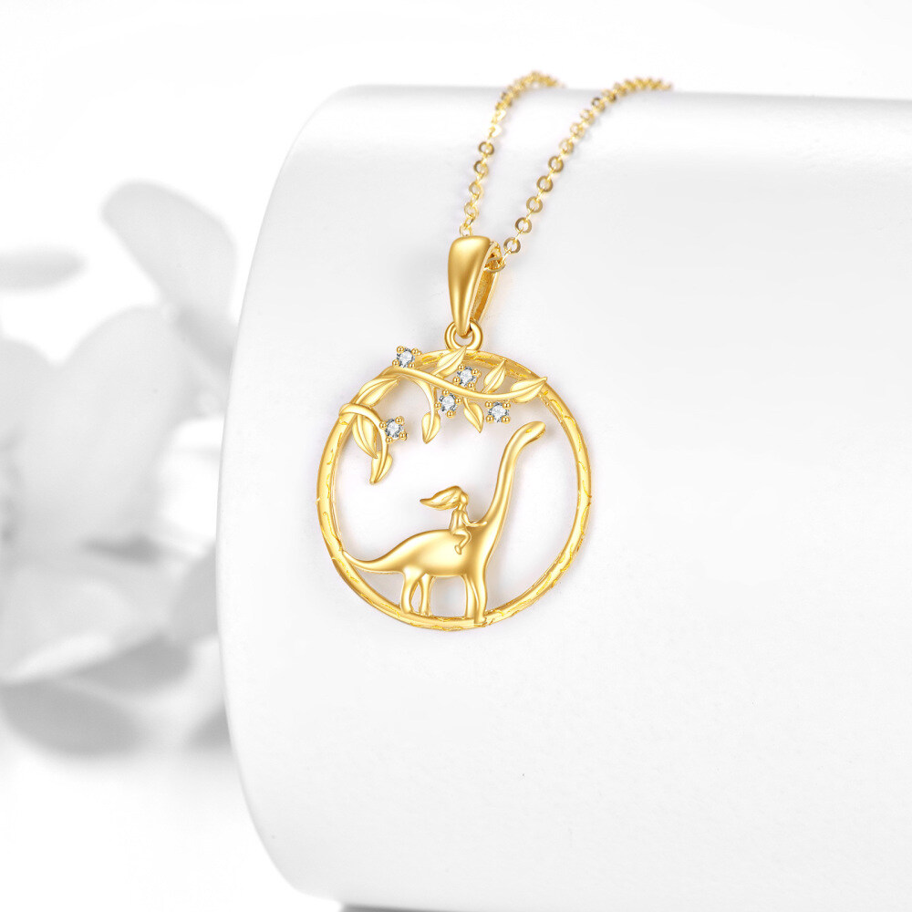 10K Gold Cubic Zirconia Dinosaur With Girl Pendant Necklace-3