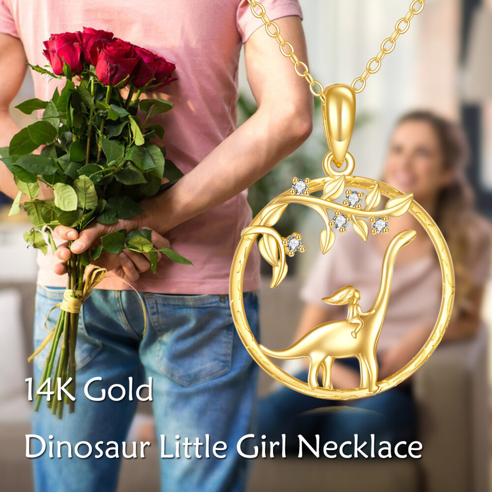 10K Gold Cubic Zirconia Dinosaur With Girl Pendant Necklace-6