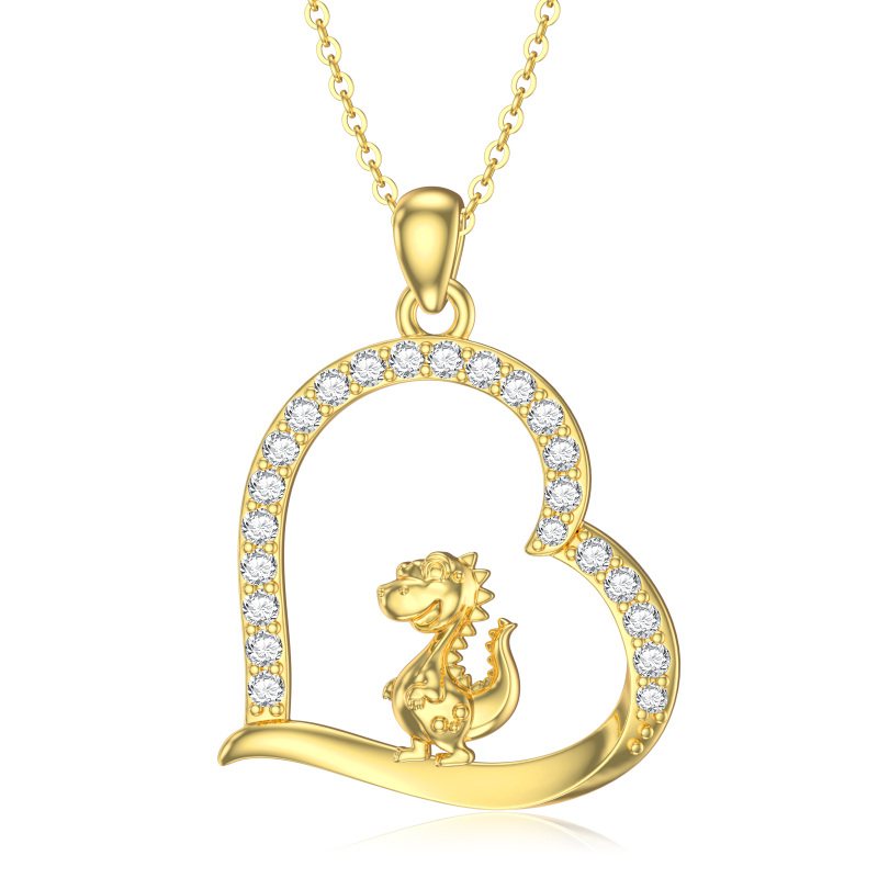 Collar de dinosaurio y corazón con circonitas cúbicas en oro de 14 quilates para mujer-1