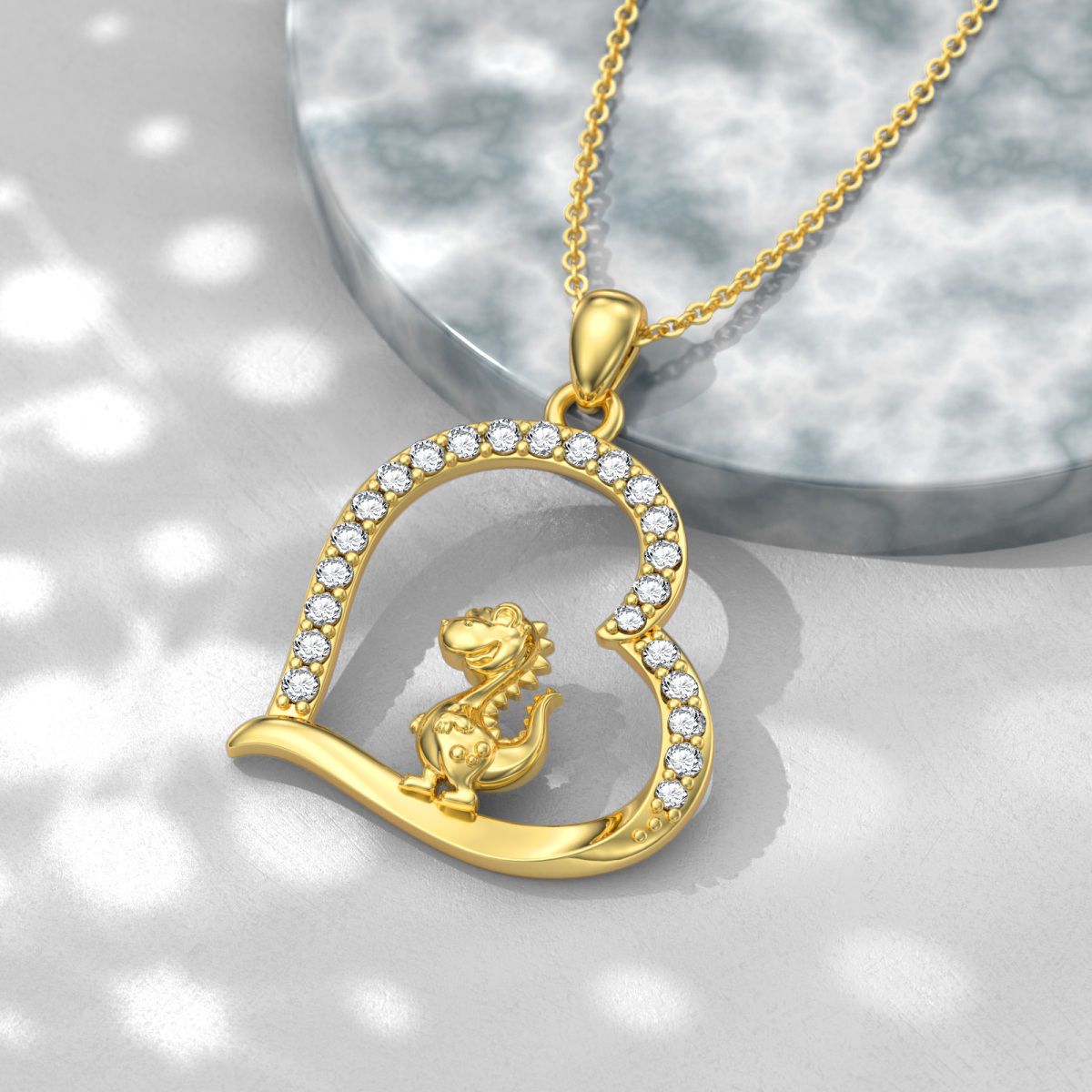 10K Gold Cubic Zirconia Dinosaur & Heart Necklace for Women-3