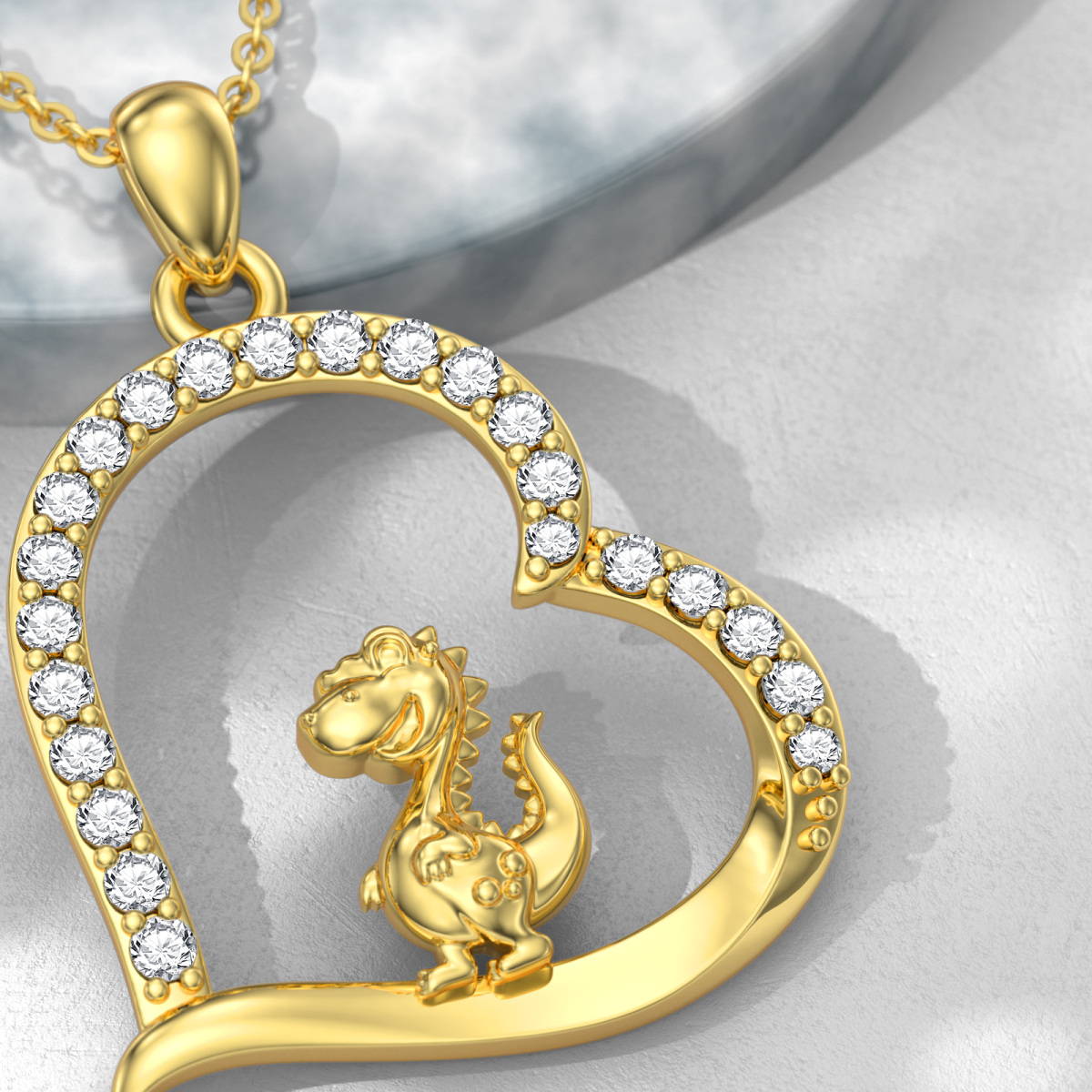 10K Gold Cubic Zirconia Dinosaur & Heart Necklace for Women-4