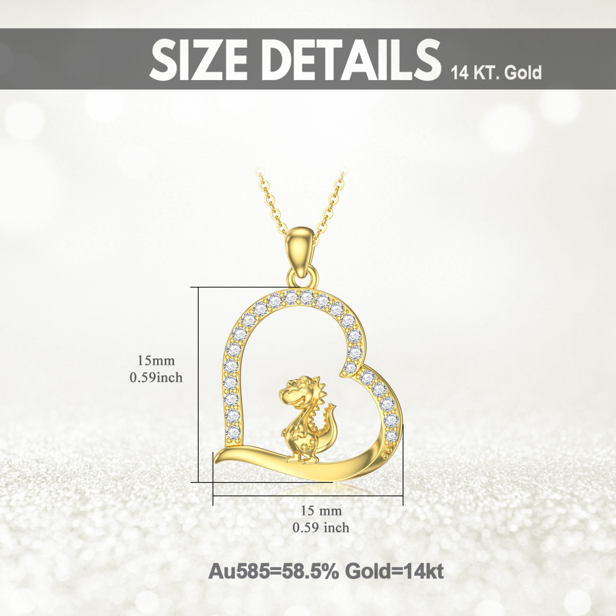 10K Gold Cubic Zirconia Dinosaur & Heart Necklace for Women-5