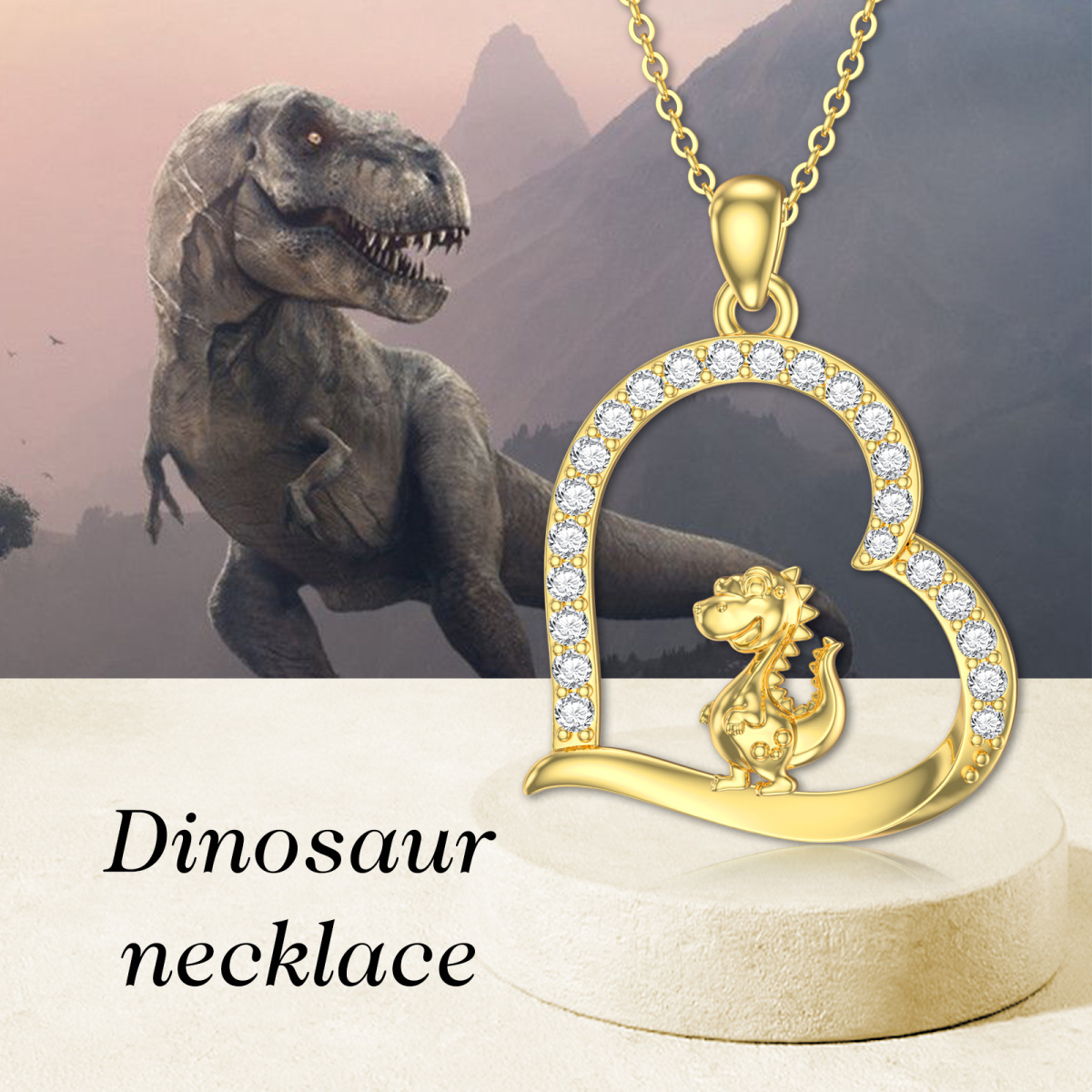 10K Gold Cubic Zirconia Dinosaur & Heart Necklace for Women-6