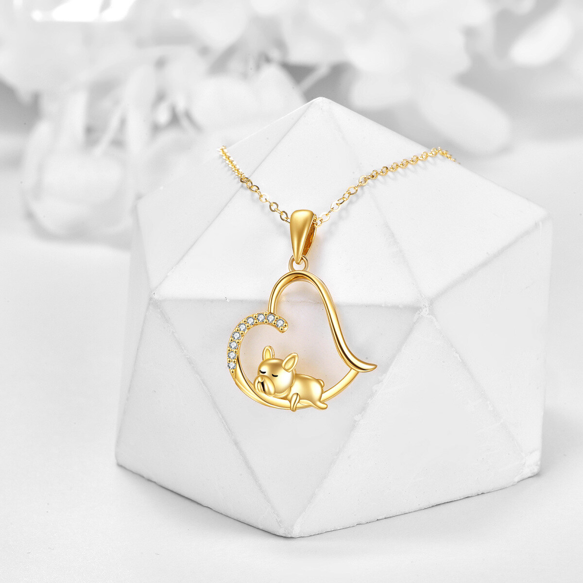 10K Gold Cubic Zirconia Dog & Heart Pendant Necklace-3