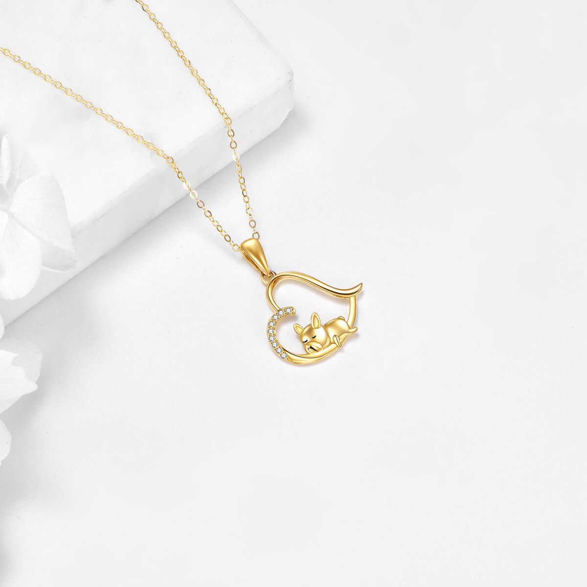 10K Gold Cubic Zirconia Dog & Heart Pendant Necklace-4