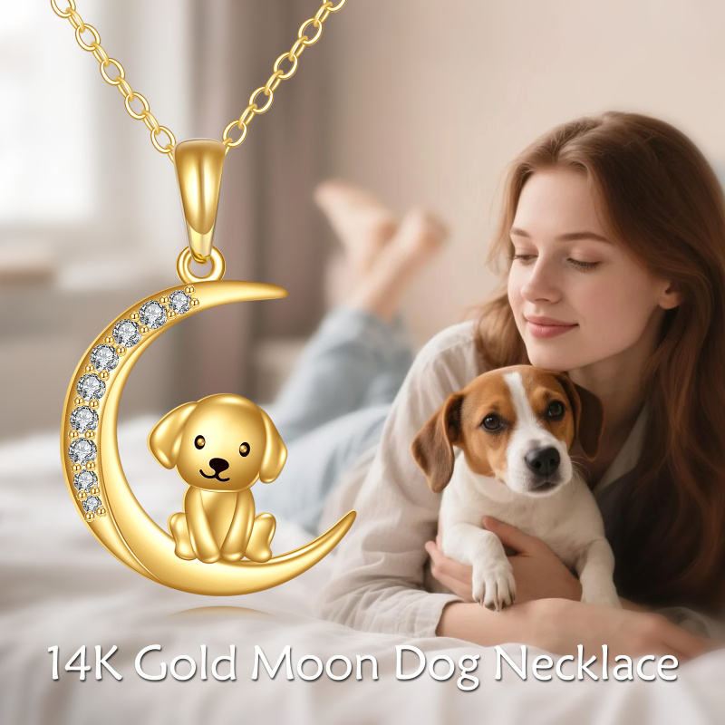 Collar con colgante de oro de 14 quilates y circonia cúbica con diseño de perro y luna-5