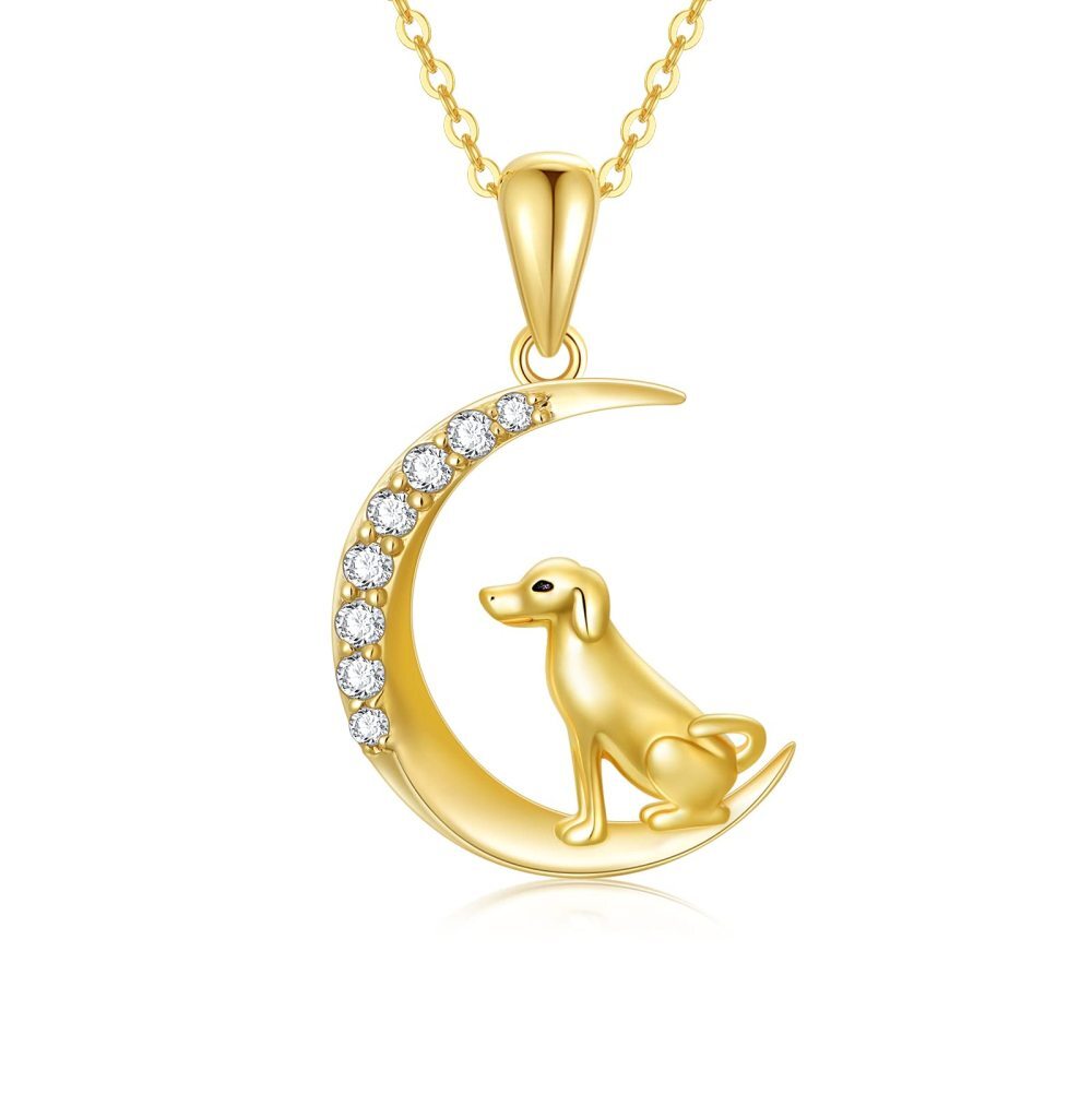 10K Gold Cubic Zirconia Dog & Moon Pendant Necklace-1