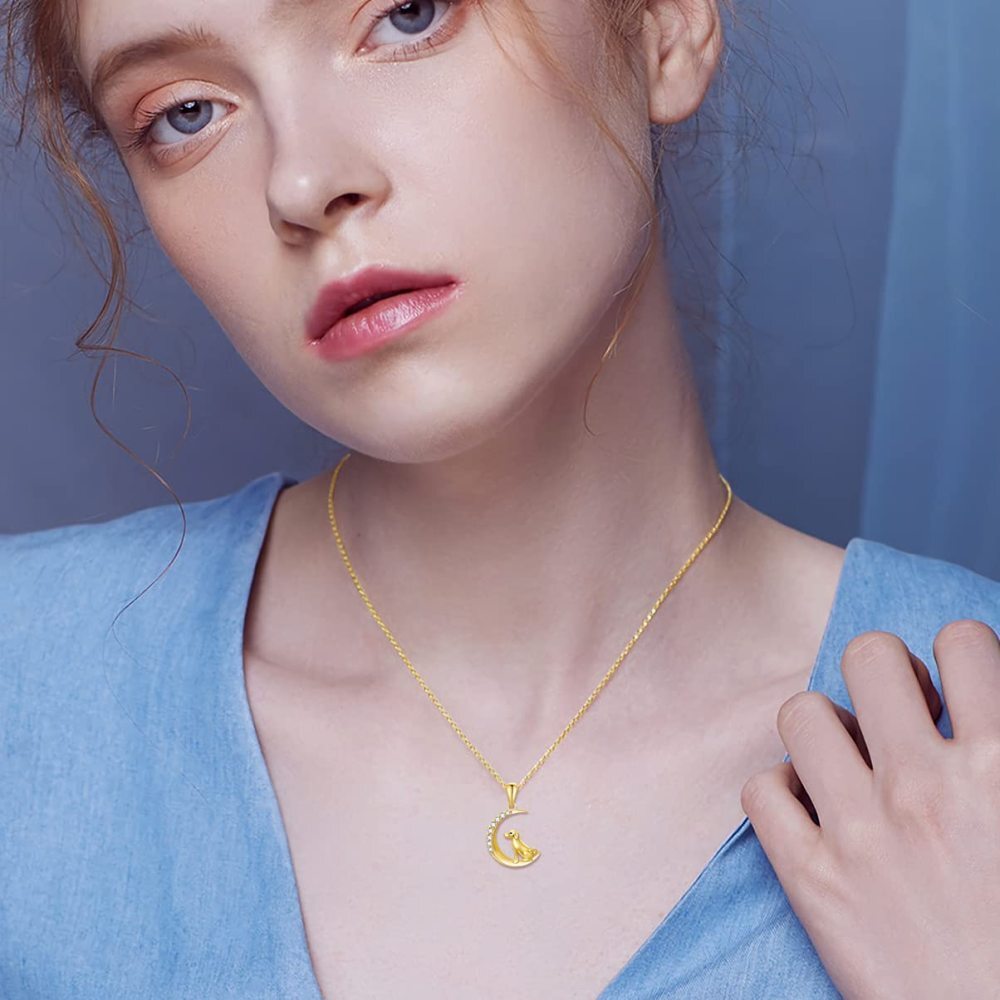 10K Gold Cubic Zirconia Dog & Moon Pendant Necklace-2