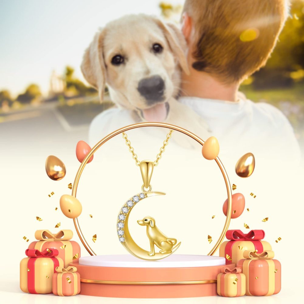 10K Gold Cubic Zirconia Dog & Moon Pendant Necklace-6