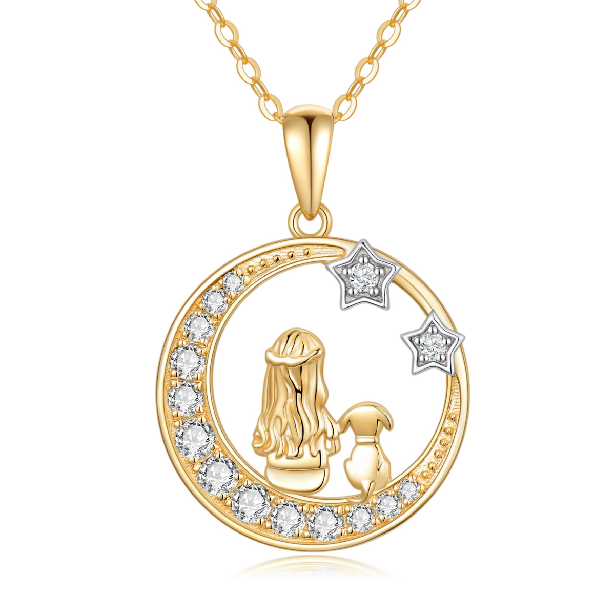 Collier avec pendentif fille en or 14 carats et zircone cubique avec chien et lune avec étoile pour femme-1