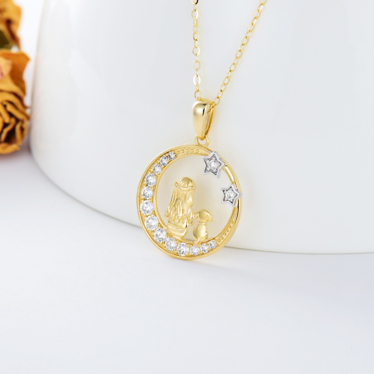 10K Gold Cubic Zirconia Girl With Dog & Moon With Star Pendant Necklace For Women-3