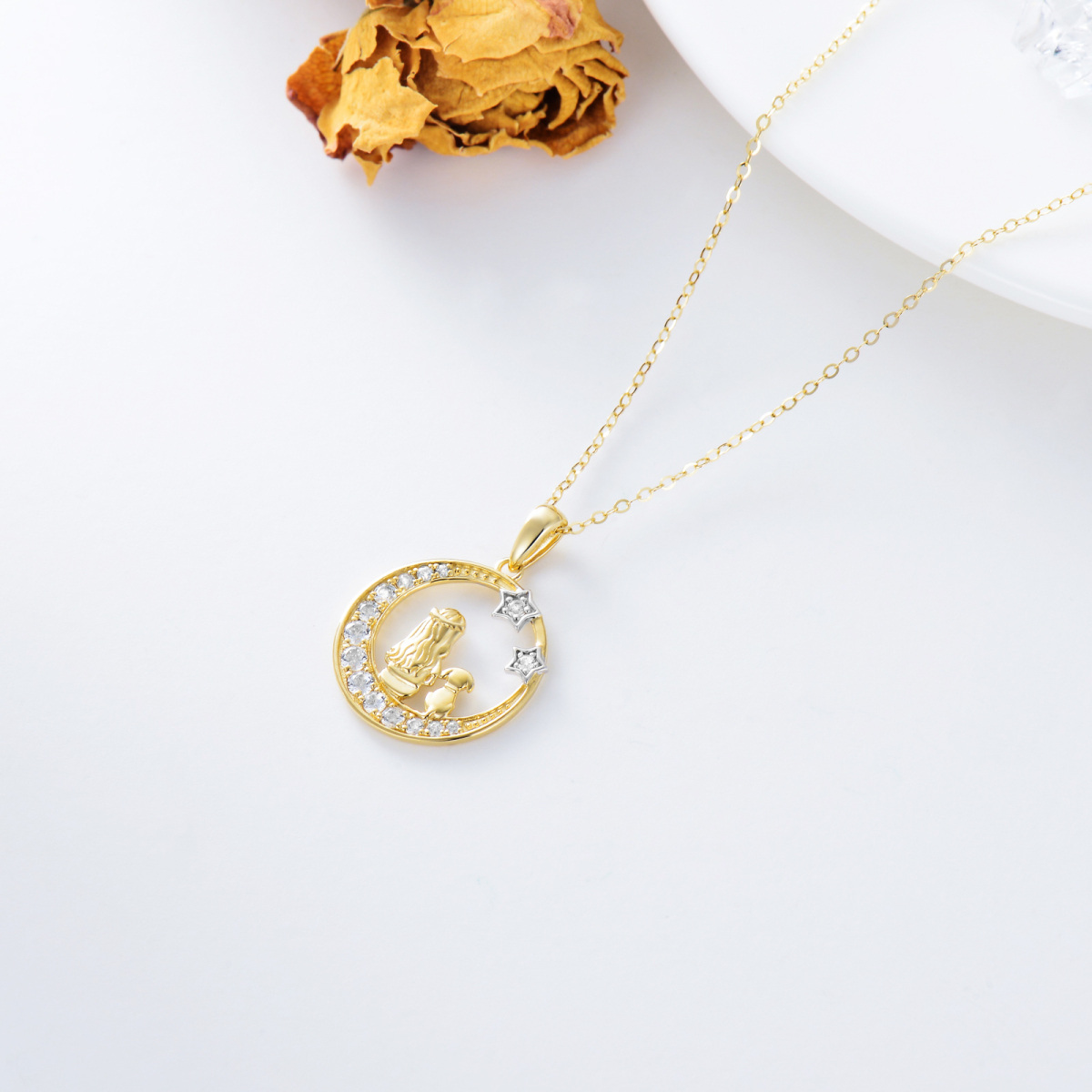 10K Gold Cubic Zirconia Girl With Dog & Moon With Star Pendant Necklace For Women-4