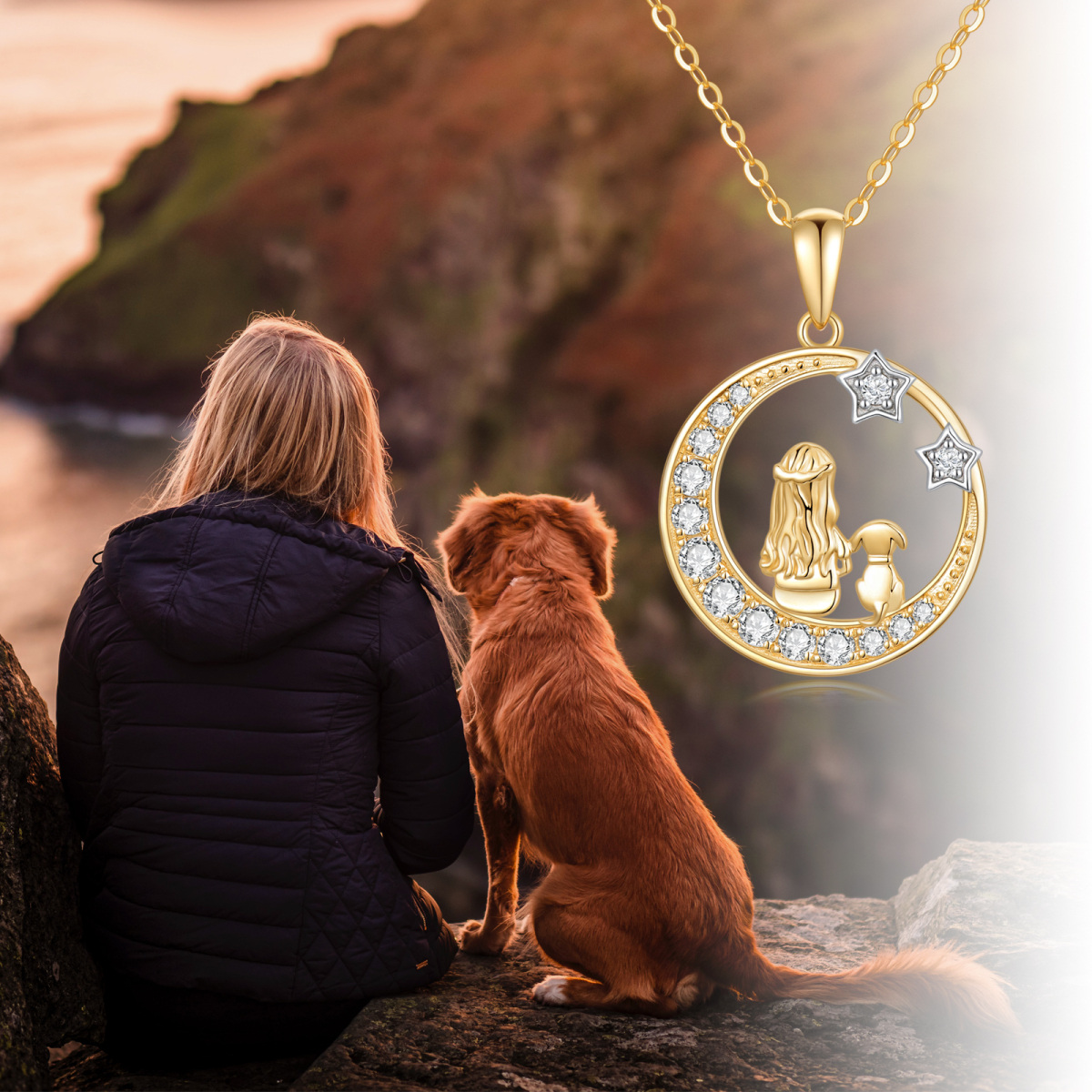 10K Gold Cubic Zirconia Girl With Dog & Moon With Star Pendant Necklace For Women-5