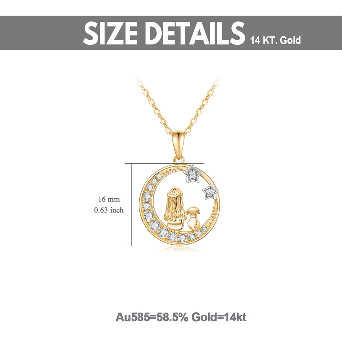 10K Gold Cubic Zirconia Girl With Dog & Moon With Star Pendant Necklace For Women-6