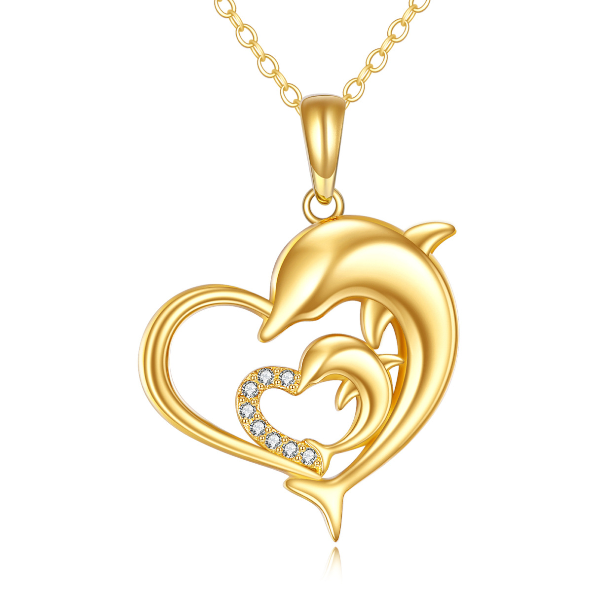 14K Gold Cubic Zirconia Dolphin & Interlocking Hearts Pendant Necklace For Women-1