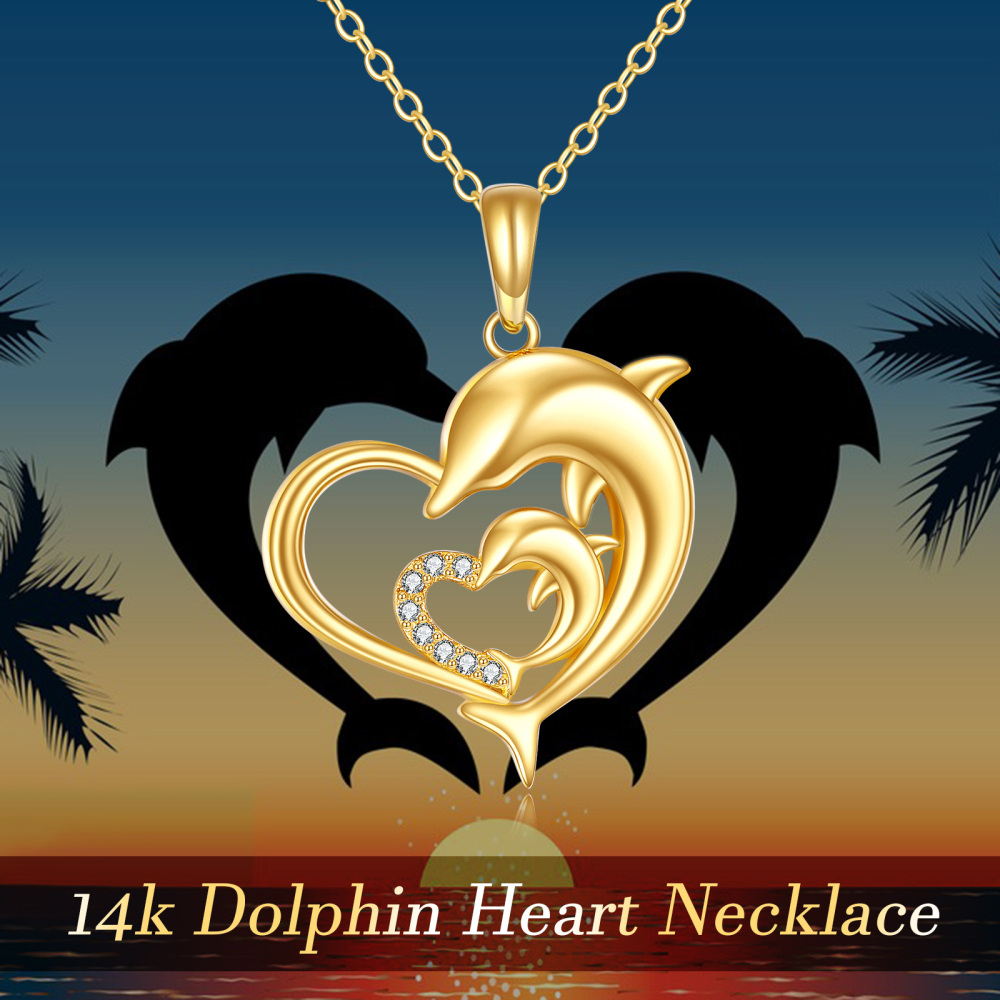 Collier avec pendentif dauphin et cœurs entrelacés en or 14 carats avec oxyde de zirconium pour femme-3