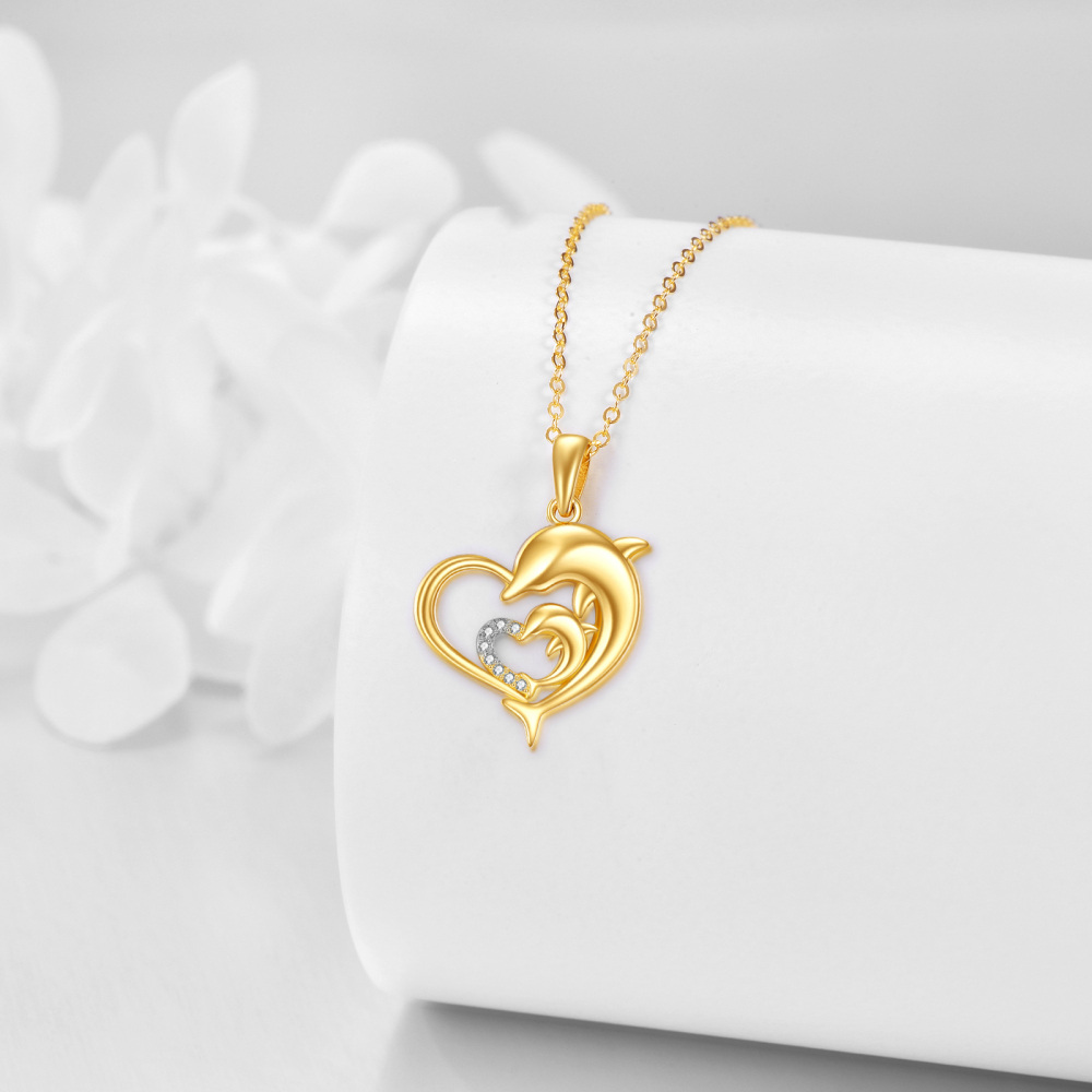 Collier avec pendentif dauphin et cœurs entrelacés en or 14 carats avec oxyde de zirconium pour femme-4