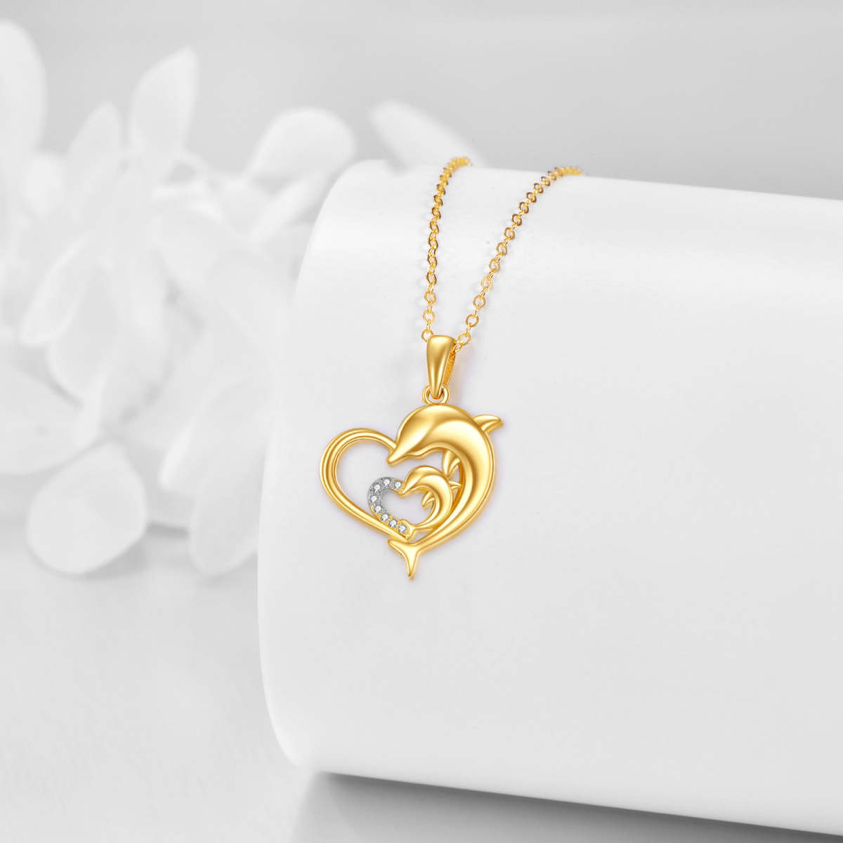 14K Gold Cubic Zirconia Dolphin & Interlocking Hearts Pendant Necklace For Women-4