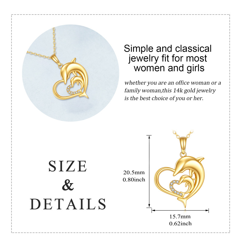 Colar com pendente de golfinho e coração em ouro branco 10K com zircónias cúbicas-5