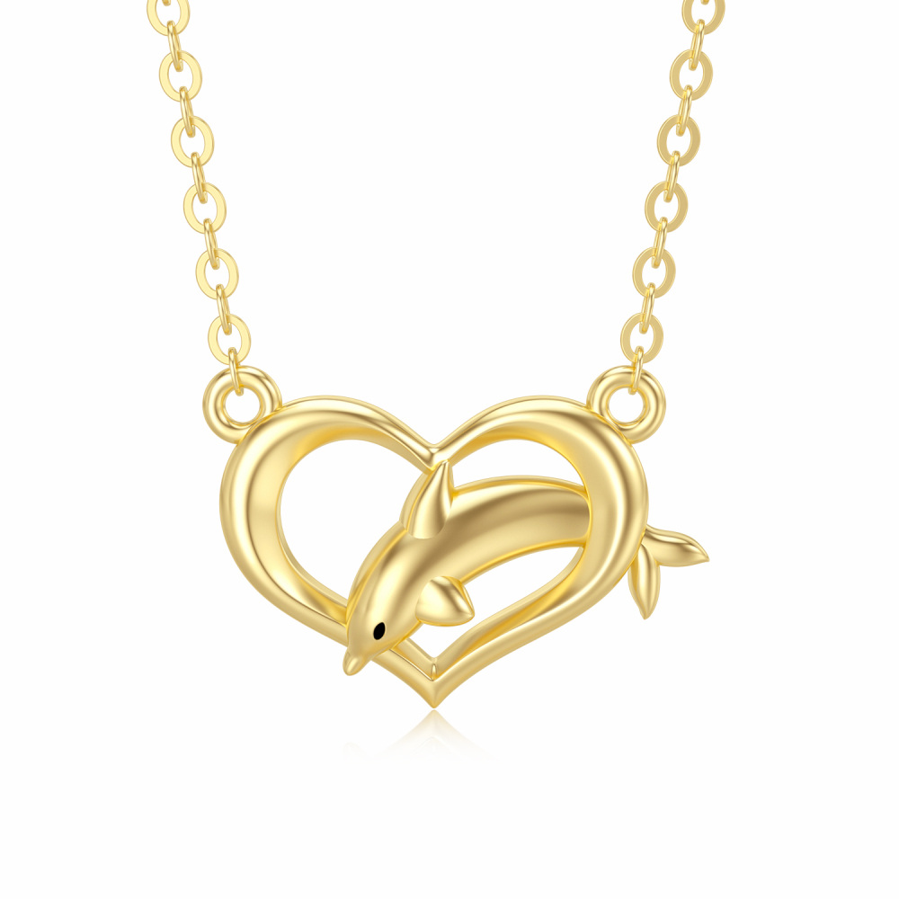 10K Gold Dolphin & Heart Pendant Necklace-1
