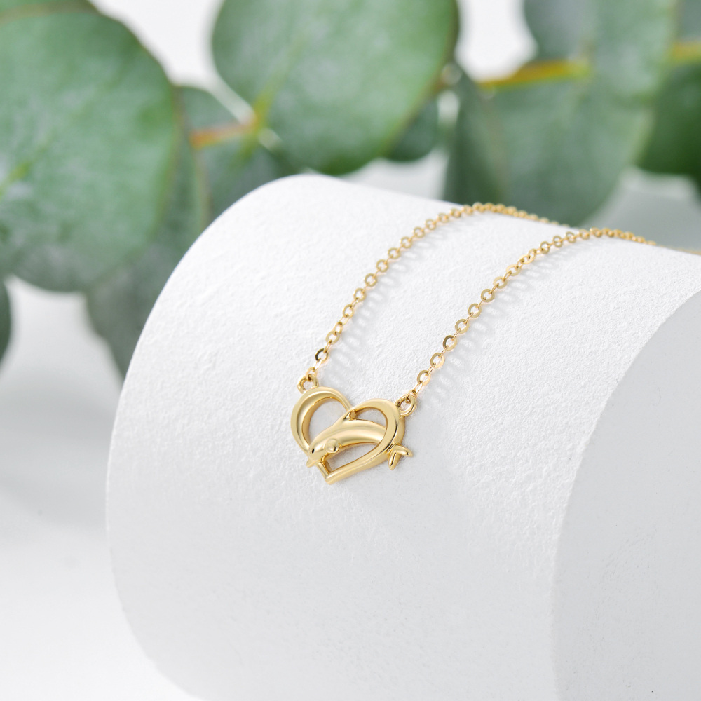 10K Gold Dolphin & Heart Pendant Necklace-3