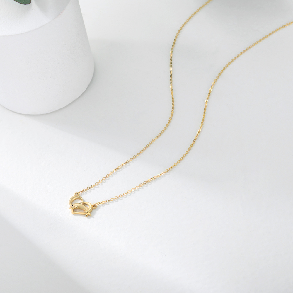 10K Gold Dolphin & Heart Pendant Necklace-4