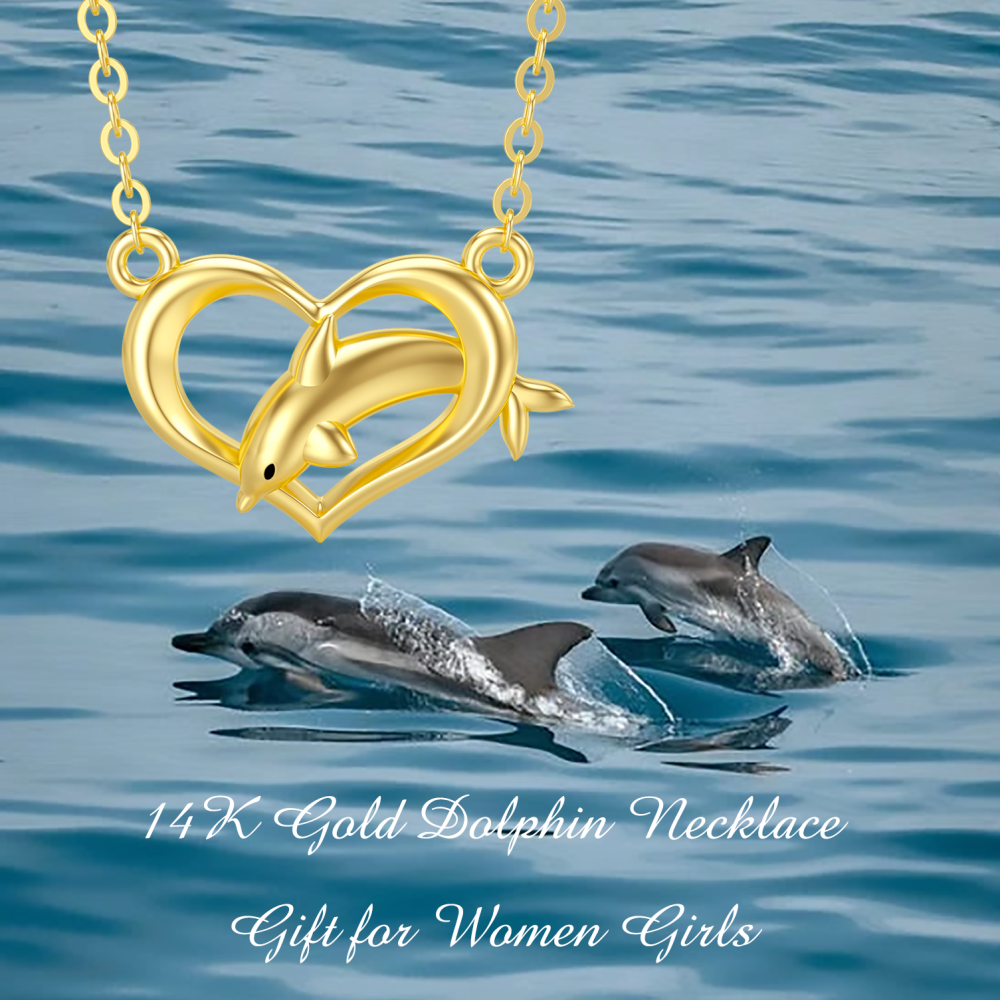 10K Gold Dolphin & Heart Pendant Necklace-5