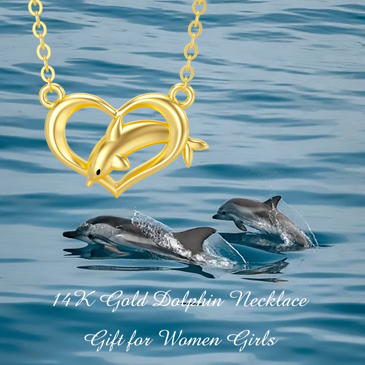 14K Gold Dolphin & Heart Pendant Necklace-5