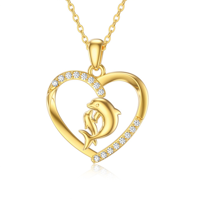 14K Gold Cubic Zirconia Dolphin & Heart Pendant Necklace