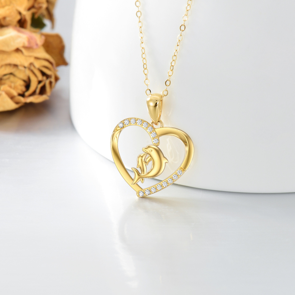 Collar de oro de 14 quilates de circonita cúbica con colgante de delfín y corazón-3