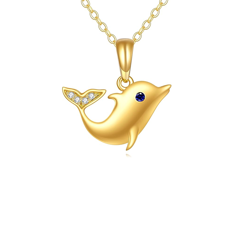 Sterling Silver with Yellow Gold Plated Cubic Zirconia Dolphin Metal Choker Necklace-1