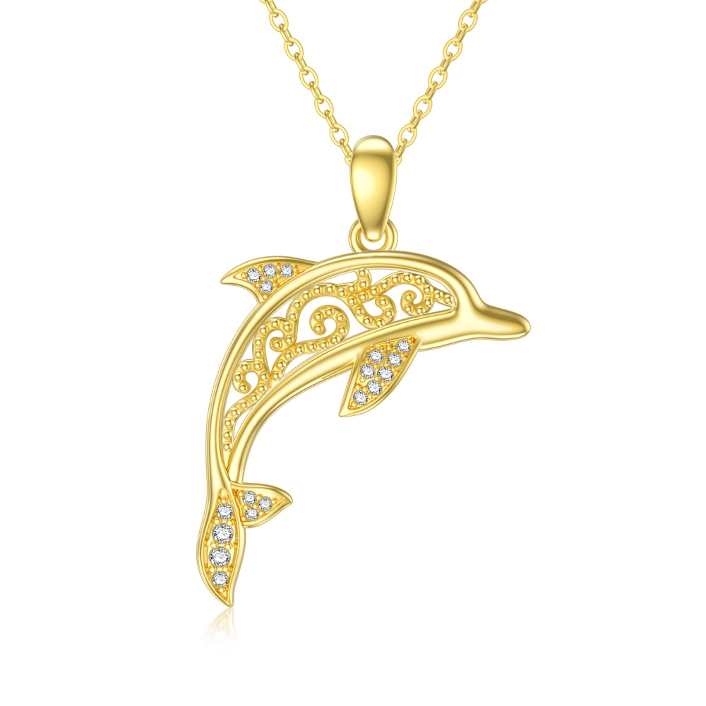 10K Gold Cubic Zirconia Dolphin Pendant Necklace-1