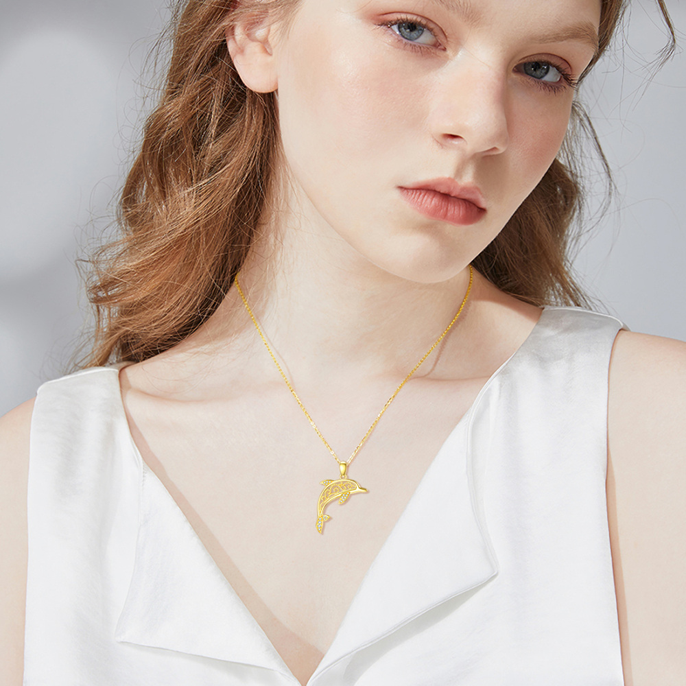 10K Gold Cubic Zirconia Dolphin Pendant Necklace-2