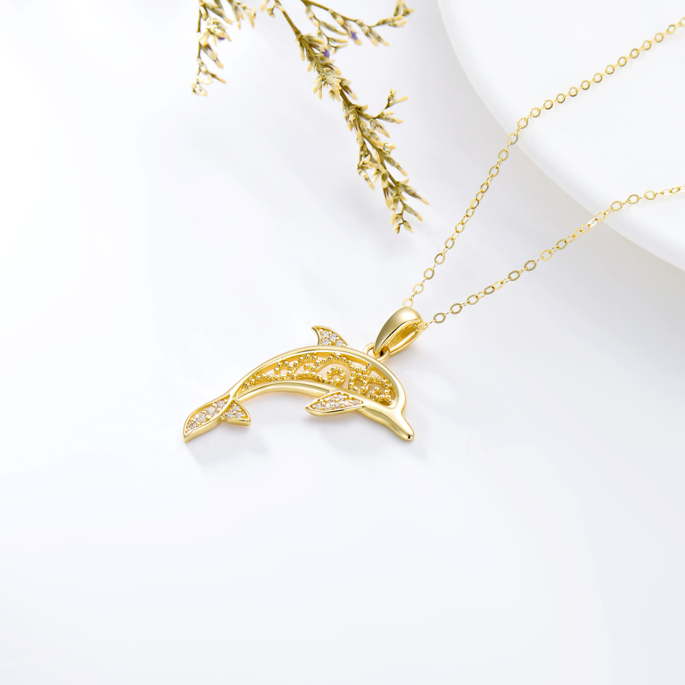 10K Gold Cubic Zirconia Dolphin Pendant Necklace-3